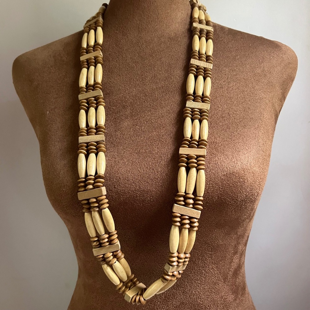 Vintage Wooden Bead Triple Strand Statement Necklace Adjustable 29-30in Ethno